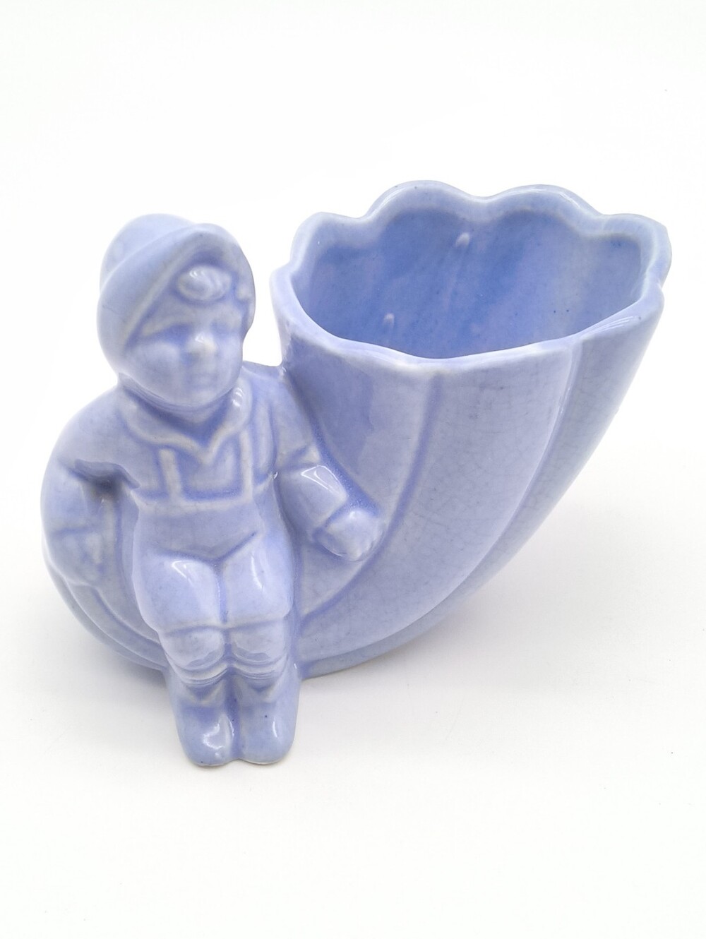 Vintage Periwinkle Blue Ceramic Dutch Boy and Shell Planter